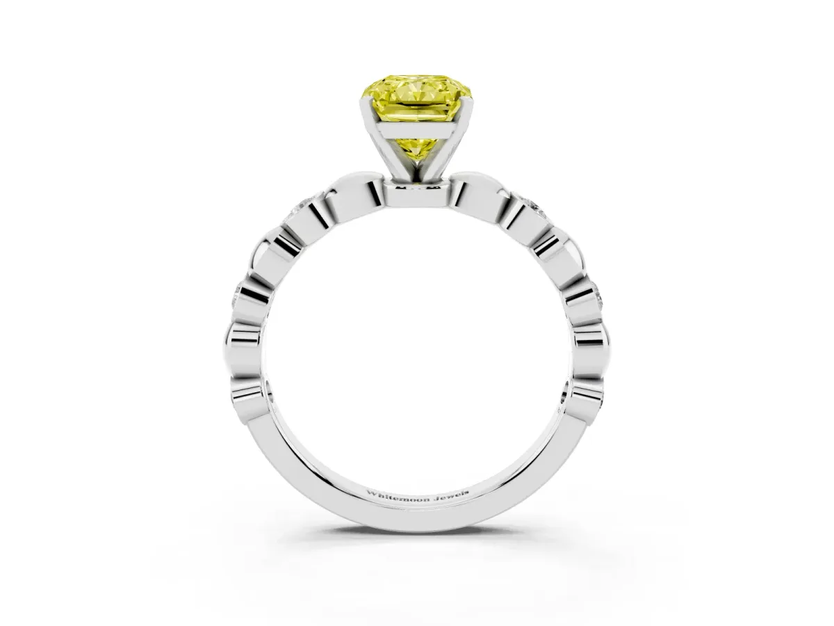 Fancy Yellow Radiant Cut Solitaire Bezel-Set Diamond Ring with Beaded Band and Four-Prong Setting Silver