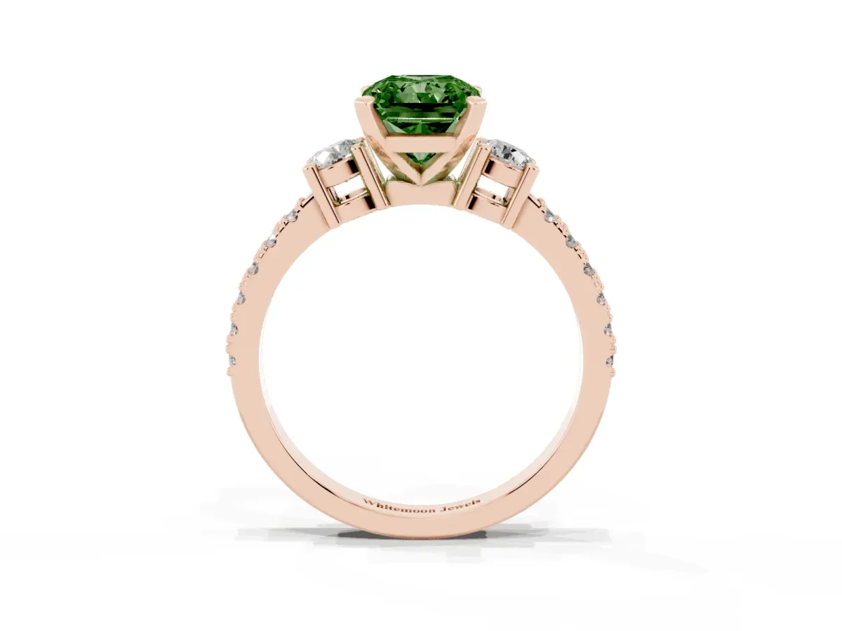 Fancy Green Radiant Cut Three-Stone Diamond Pavé Band with Prong Setting Rose gold
