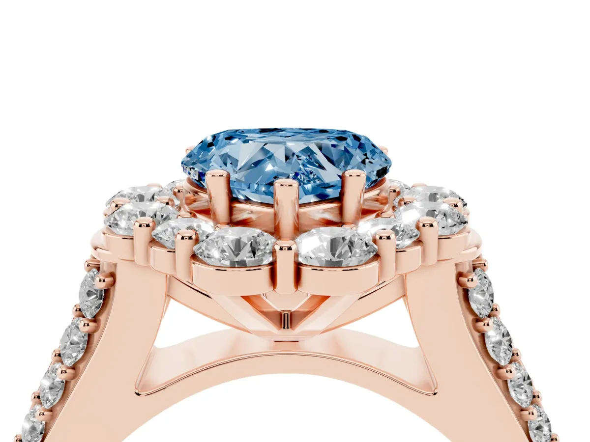 Fancy Blue Heart Cut Halo Diamond Engagement Ring with Split Shank and Prong Setting Rose gold