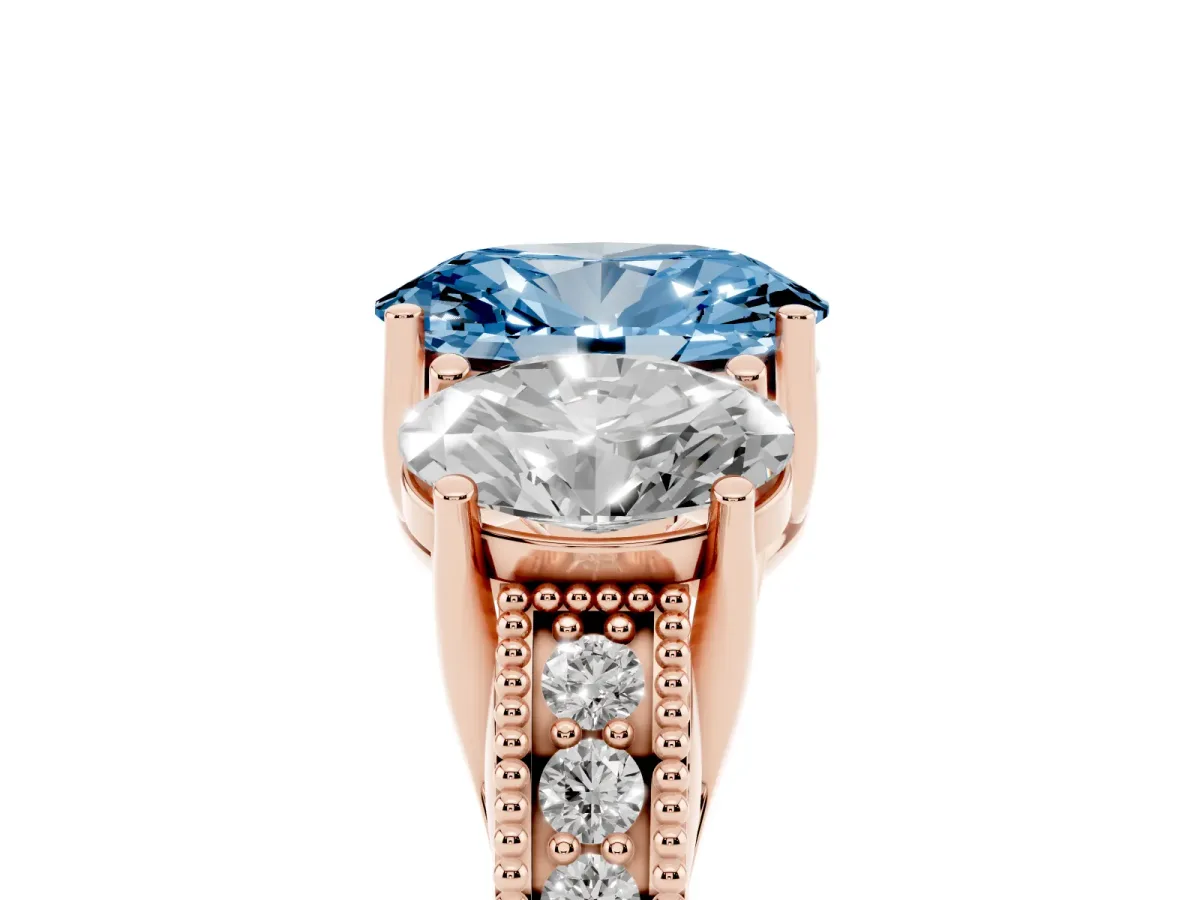 Fancy Blue Three-Stone Oval Cut Cut Milgrain Pavé Engagement Ring Rose gold