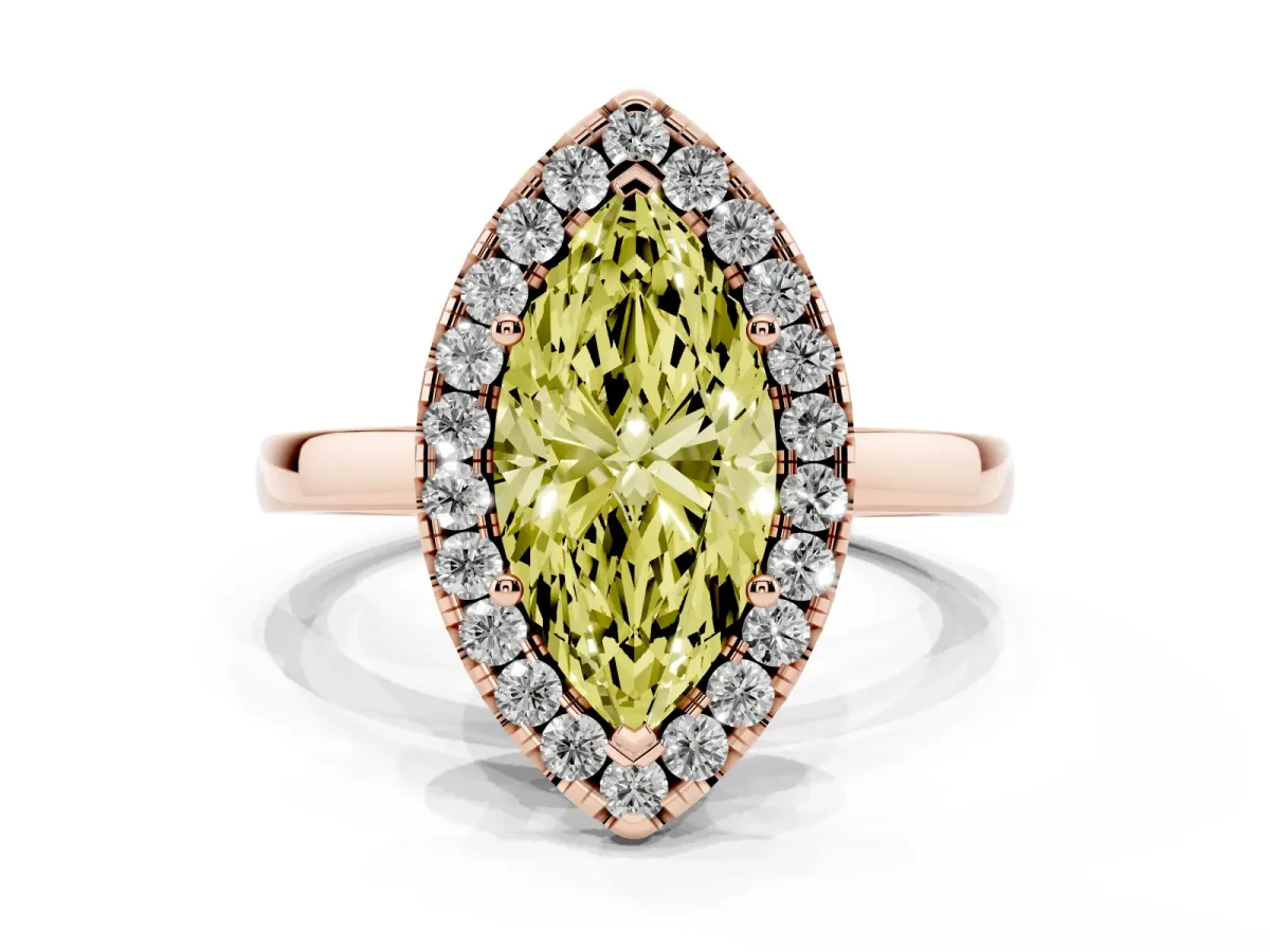 Fancy Yellow Marquise Cut Halo Diamond Solitaire with Pavé Band and Four-Prong Setting Rose gold