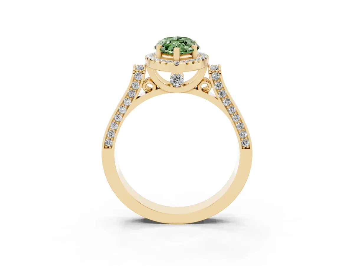 Fancy Green Marquise Cut Halo Round Diamond Twist Band with Four-Prong Setting Yellow gold