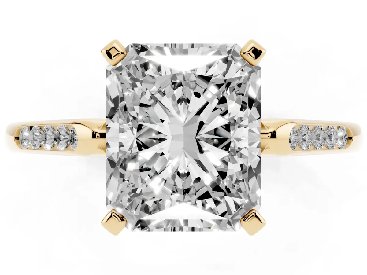 Radiant Cut Diamond Solitaire Ring with Channel Set Round Band and Prong Setting Yellow gold