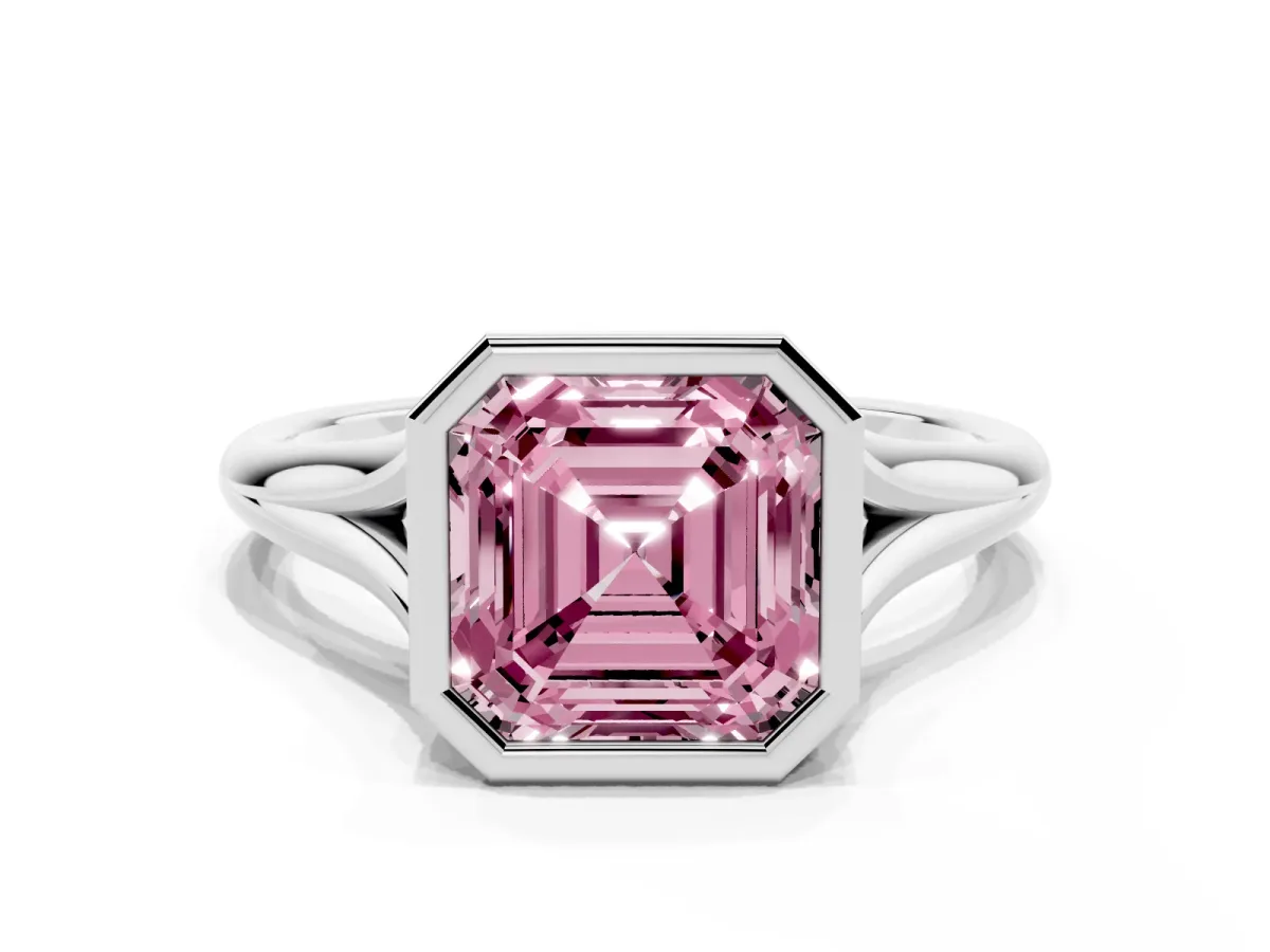 Fancy Pink Bezel Set Asscher Cut Cut Solitaire Ring with Tapered Band Silver