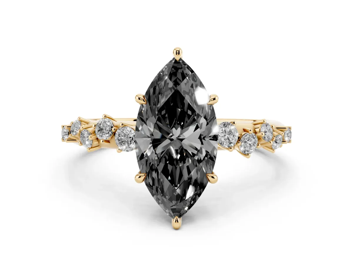 Fancy Black Marquise Cut Diamond Cluster Side Stone Solitaire Ring with Prong Setting Yellow gold