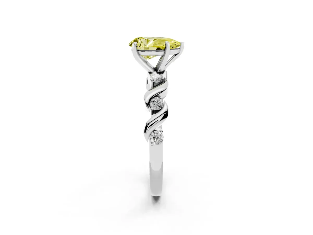 Fancy Yellow Pear Cut Diamond Solitaire Twisted Band with Round Accents and Prong Setting Silver
