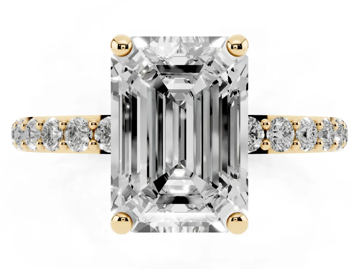 Emerald Cut Diamond Solitaire Ring with Round Pavé Band and Prong Setting Yellow gold