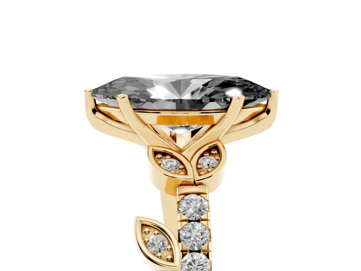 Fancy Black Marquise Cut Solitaire Leaf-Inspired Diamond Ring with Pavé Band and Four-Prong Setting Yellow gold
