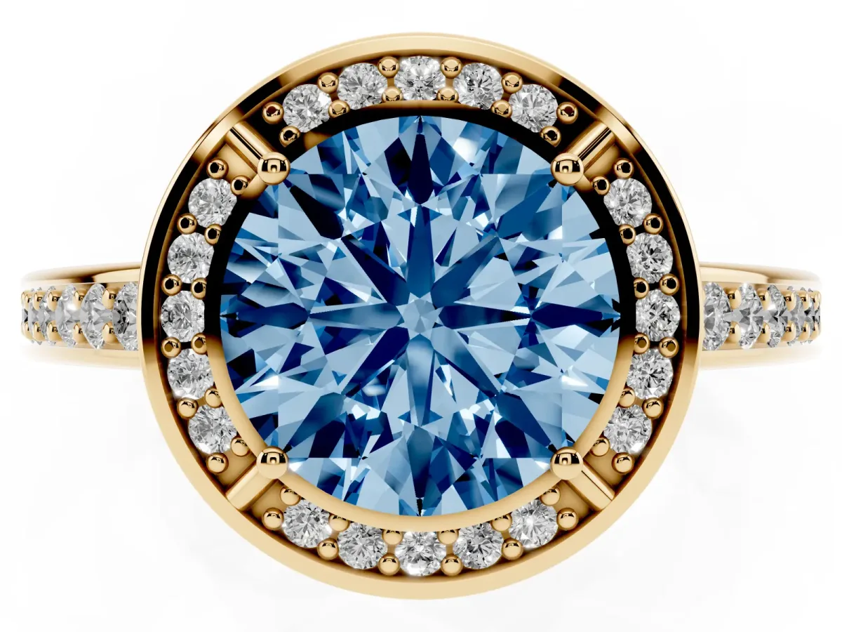 Fancy Blue Round Cut Cut Halo Pave Split Shank Prong Setting Ring Yellow gold