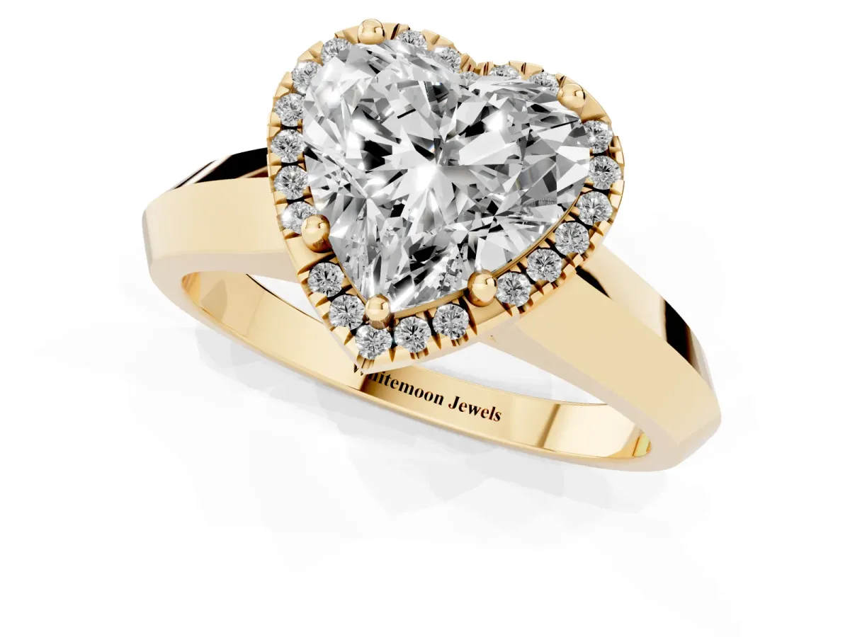 Heart Cut Halo Diamond Ring with Cathedral Band and Four-Prong Setting Yellow gold