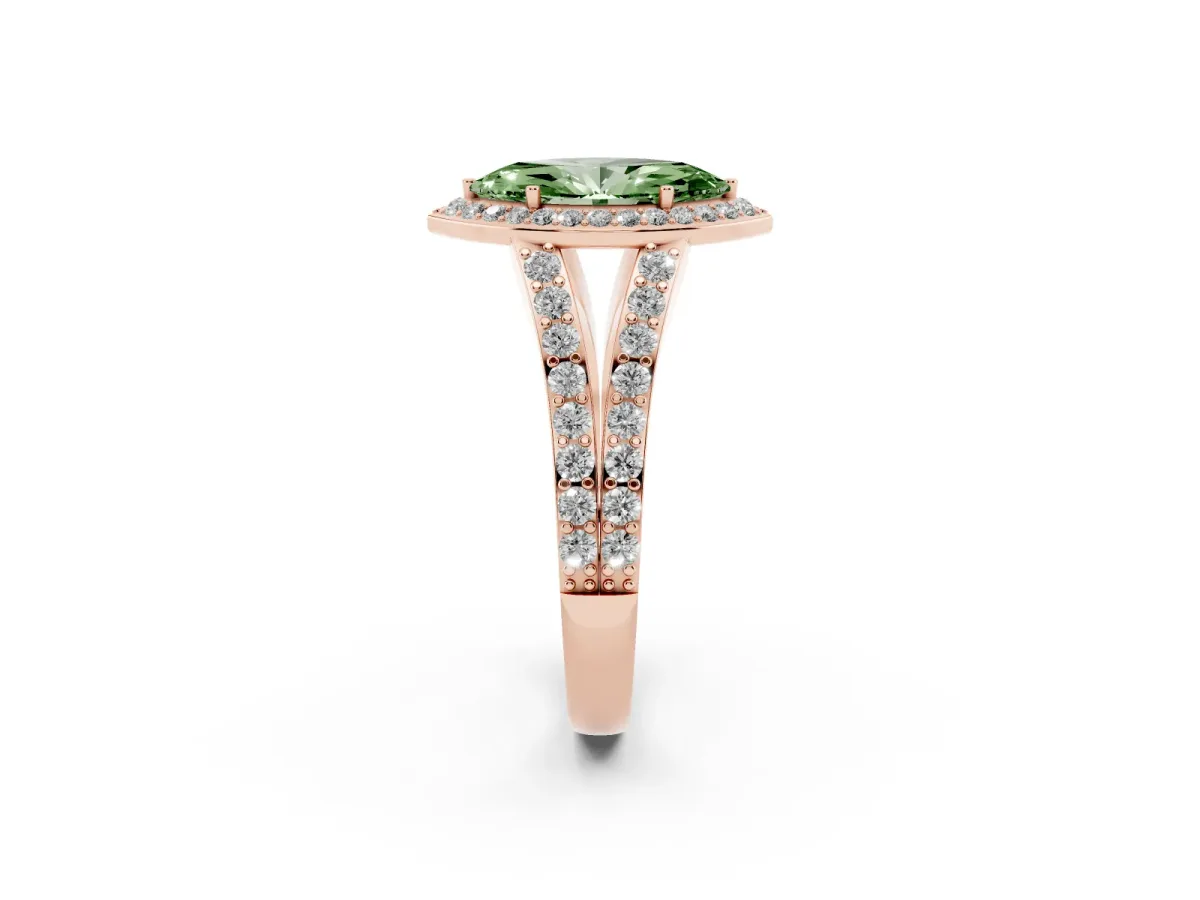 Fancy Green Marquise Cut Diamond Split Shank Halo Ring with Four-Prong Setting Rose gold