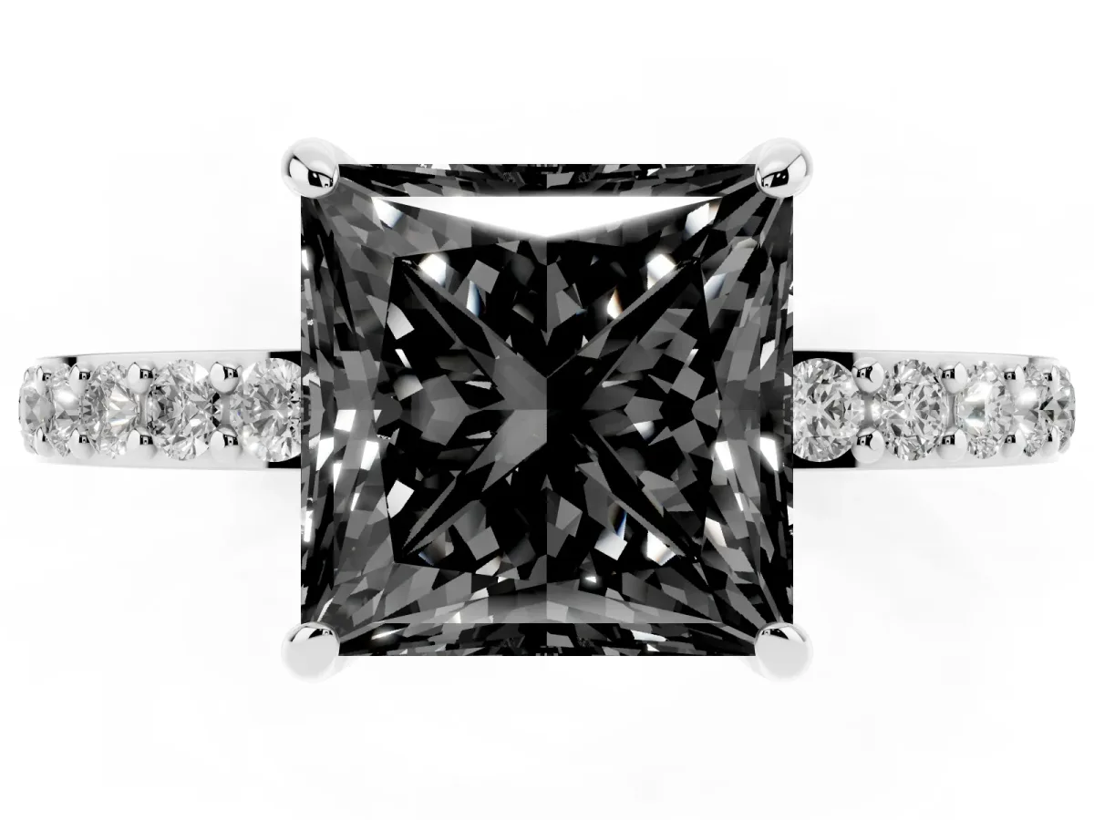 Fancy Black Princess Cut Diamond Pavé Engagement Ring with Round Accents and Prong Setting Silver