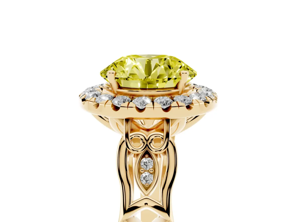 Fancy Yellow Round Cut Halo Diamond Engagement Ring with Filigree Band and Four-Prong Setting Yellow gold