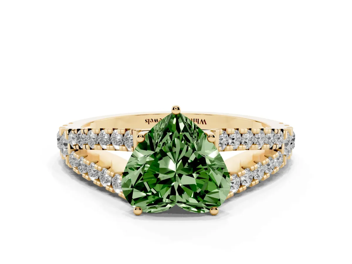 Fancy Green Heart Cut Diamond Split Shank Pavé Engagement Ring with Four-Prong Setting Yellow gold