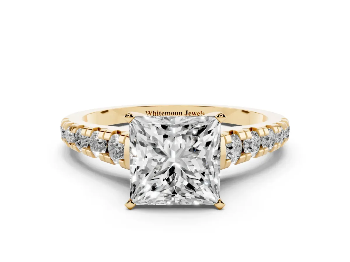 Princess Cut Diamond Cathedral Solitaire Ring with Round Pavé Band Yellow gold