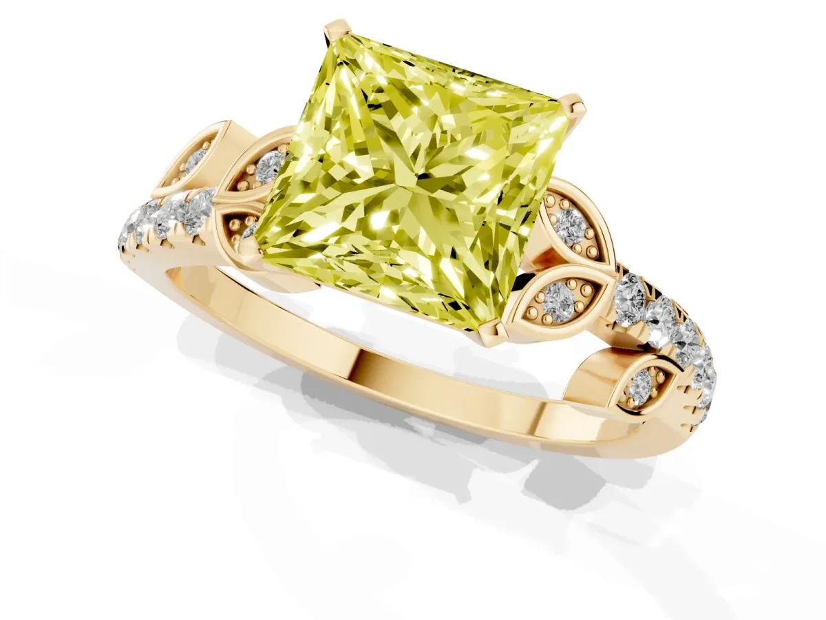 Fancy Yellow Princess Cut Solitaire Leaf-Inspired Diamond Ring with Pavé Band and Four-Prong Setting Yellow gold