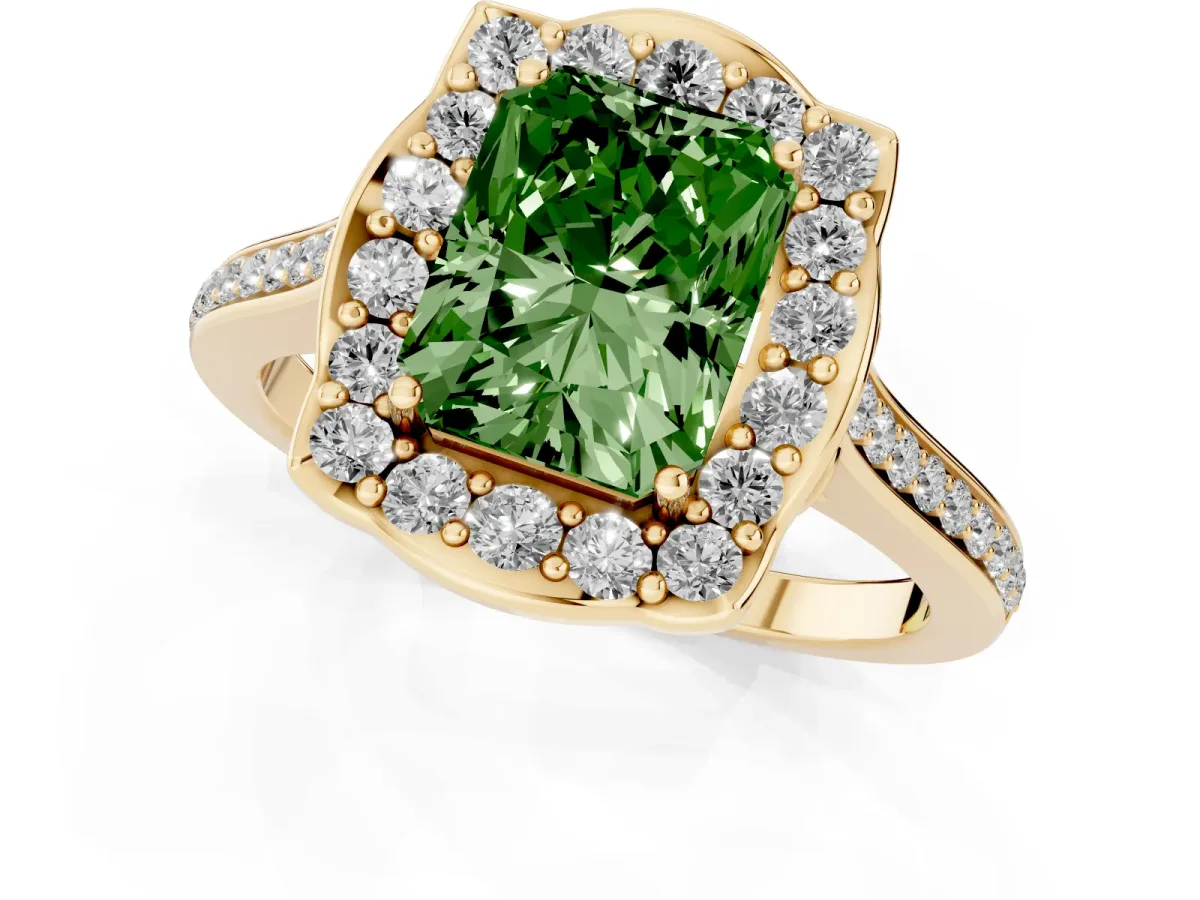 Fancy Green Radiant Cut Halo Round Diamond Pave Band with Four-Prong Setting Yellow gold