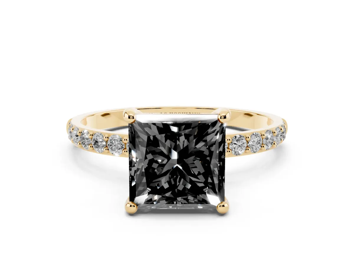 Fancy Black Princess Cut Diamond Solitaire Ring with Round Pavé Band and Prong Setting Yellow gold