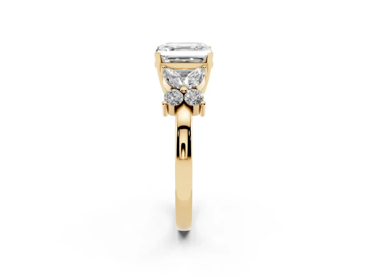 Asscher Cut Diamond Floral Cluster Ring with Solitaire Band and Prong Setting Yellow gold