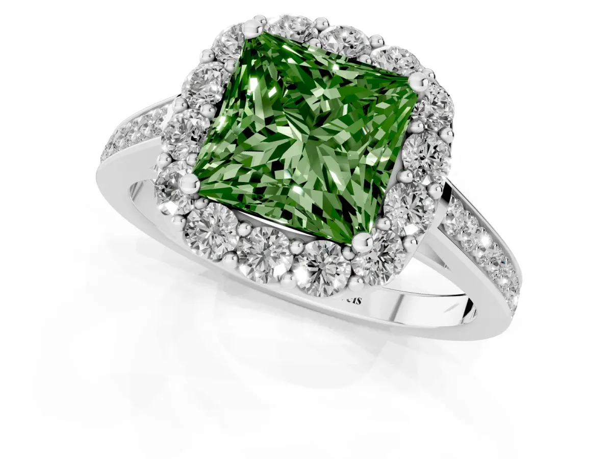Fancy Green Princess Cut Diamond Floral Halo Ring with Pavé Band and Prong Setting White gold
