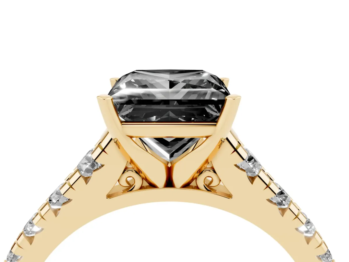 Fancy Black Princess Cut Diamond Cathedral Solitaire Ring with Round Pavé Band Yellow gold