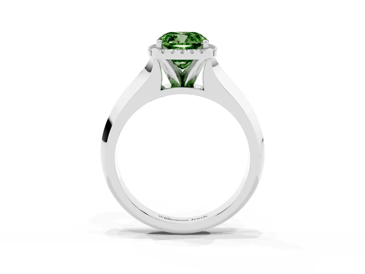 Fancy Green Cushion Cut Halo Diamond Ring with Cathedral Band and Four-Prong Setting Silver