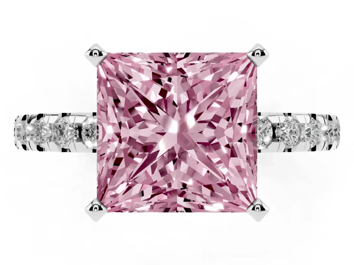 Fancy Pink Princess Cut Diamond Solitaire Ring with Round Pavé Band and Four-Prong Setting Silver