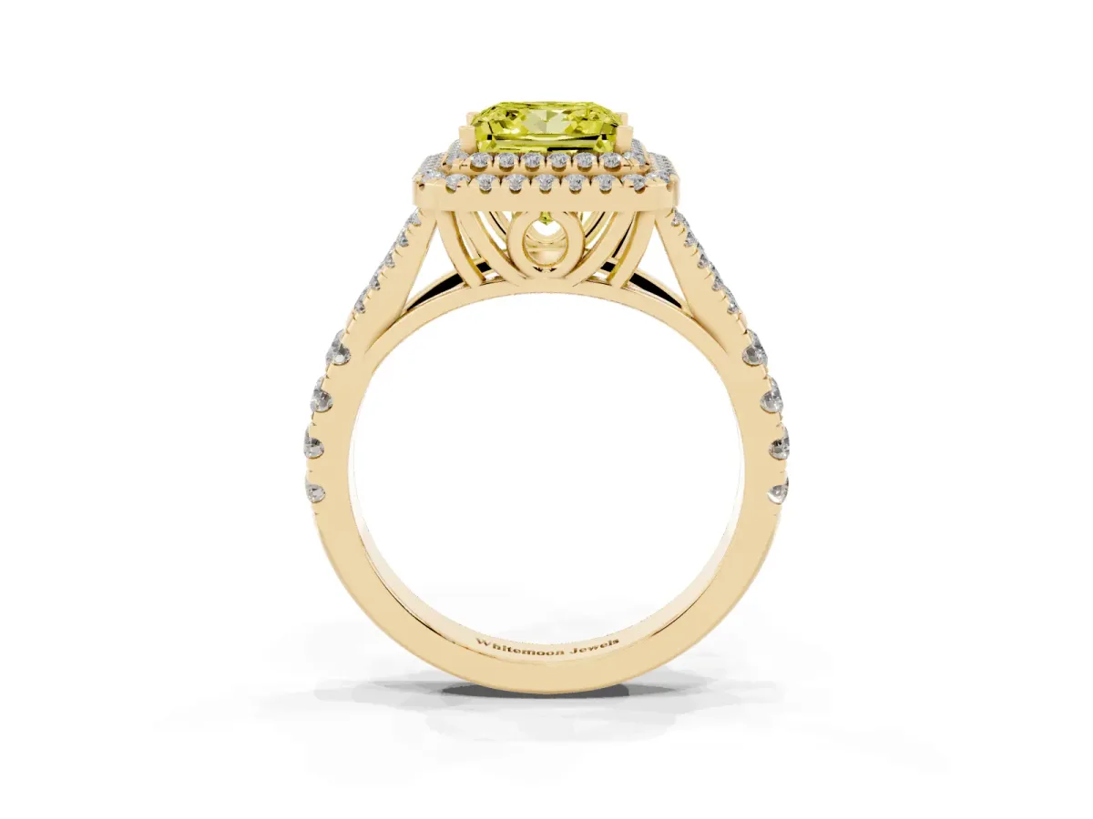 Fancy Yellow Double Halo Princess Cut Diamond Split Shank Engagement Ring with Four-Prong Setting Yellow gold