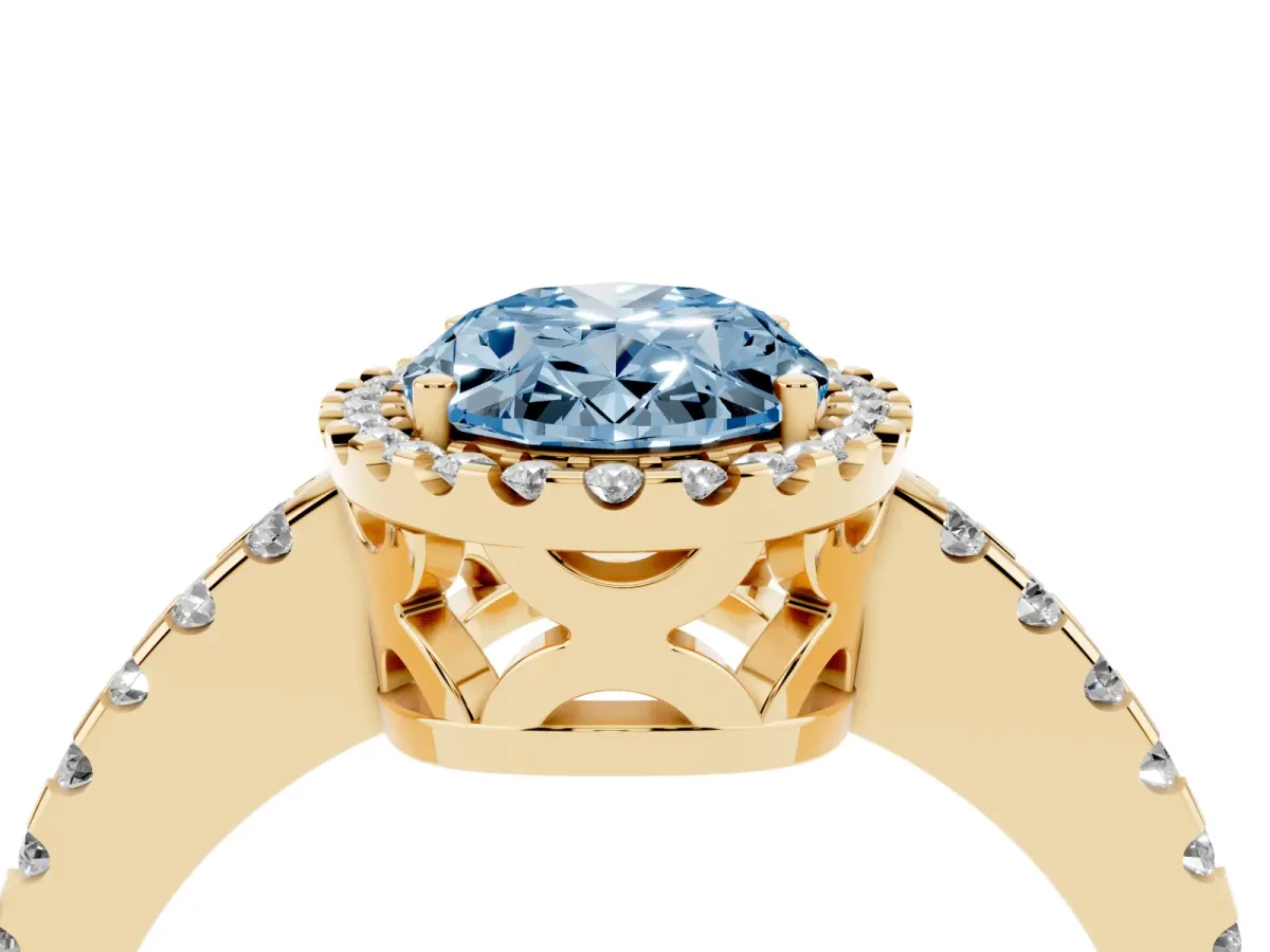 Fancy Blue Oval Cut Diamond Halo Engagement Ring with Pavé Band and Prong Setting Yellow gold
