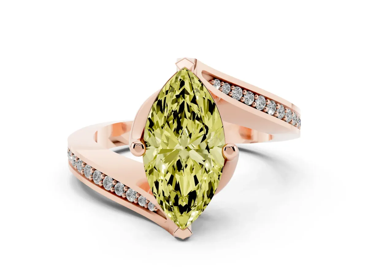 Fancy Yellow Marquise Cut Solitaire Diamond Twist Band with Pavé Setting and Four-Prong Setting Rose gold