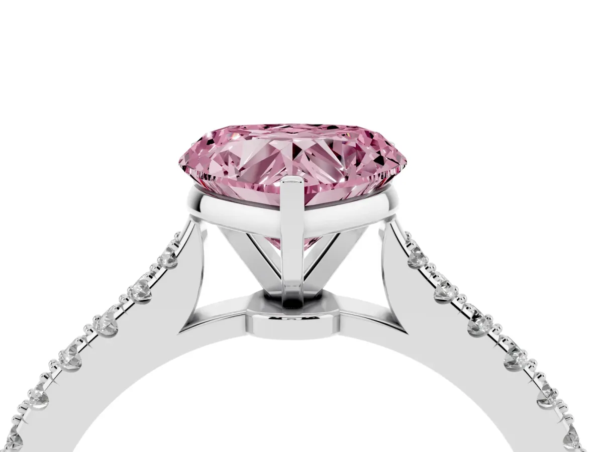 Fancy Pink Heart Cut Cut Solitaire Diamond Engagement Ring with Pave Band and Four-Prong Setting Platinum