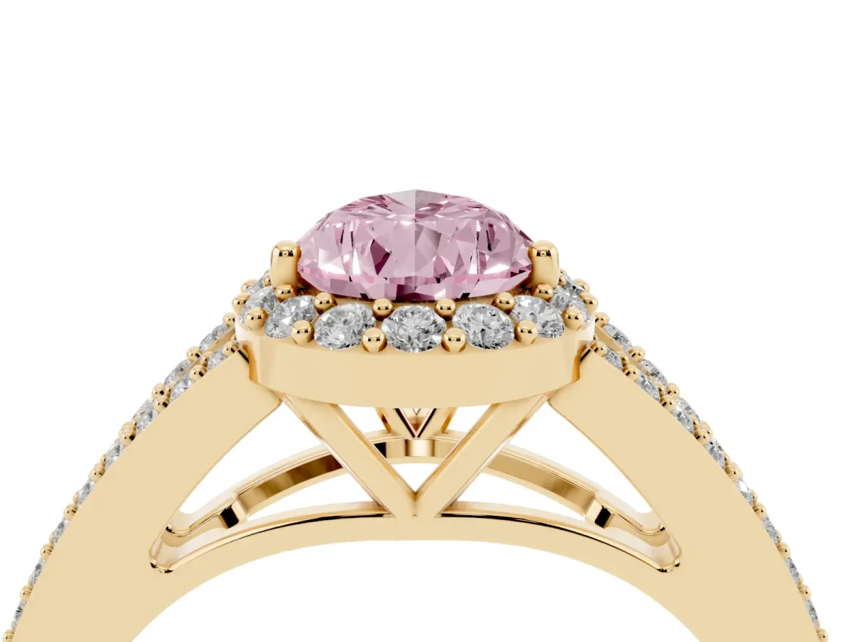 Fancy Pink Pear Cut Halo Split Shank Diamond Ring with Prong Setting Yellow gold