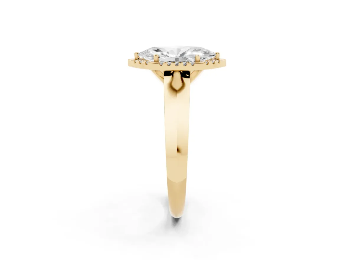 Marquise Cut Halo Diamond Ring with Cathedral Band and Four-Prong Setting Yellow gold