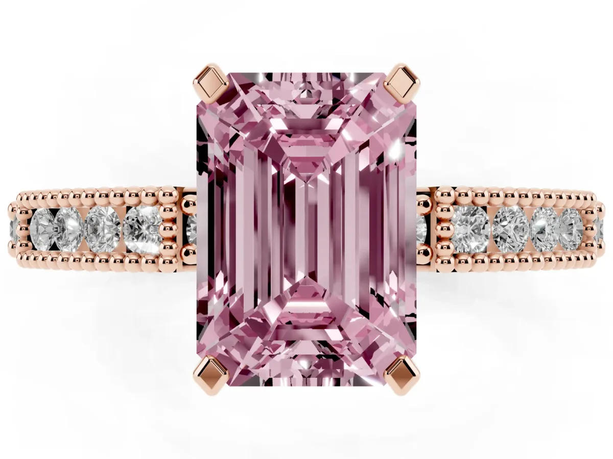 Fancy Pink Emerald Cut Solitaire with Pavé Band and Four-Prong Setting Rose gold