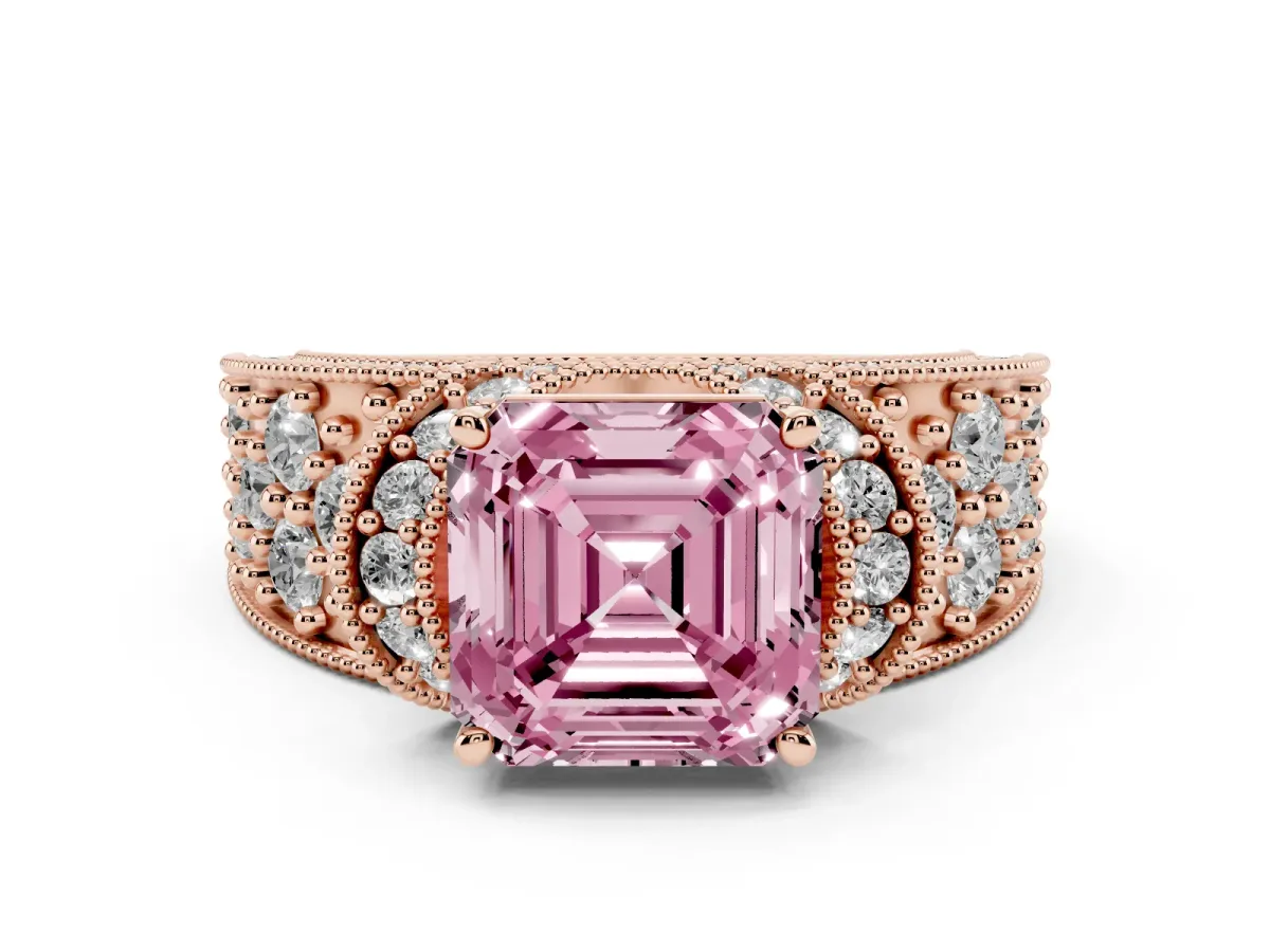 Fancy Pink Asscher Cut Halo Pave Diamond Engagement Ring with Milgrain Detailing Rose gold