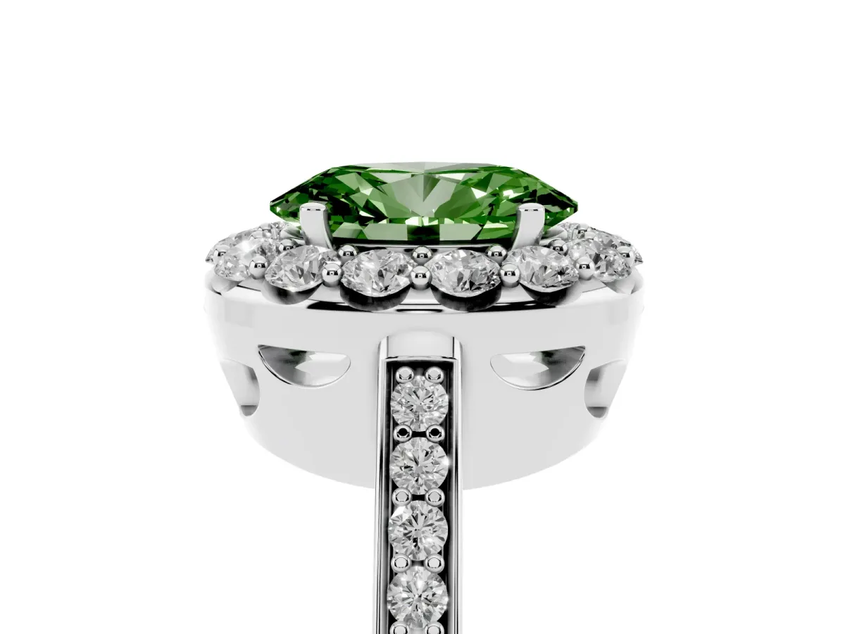 Fancy Green Oval Cut Diamond Floral Halo Ring with Pavé Band and Prong Setting White gold