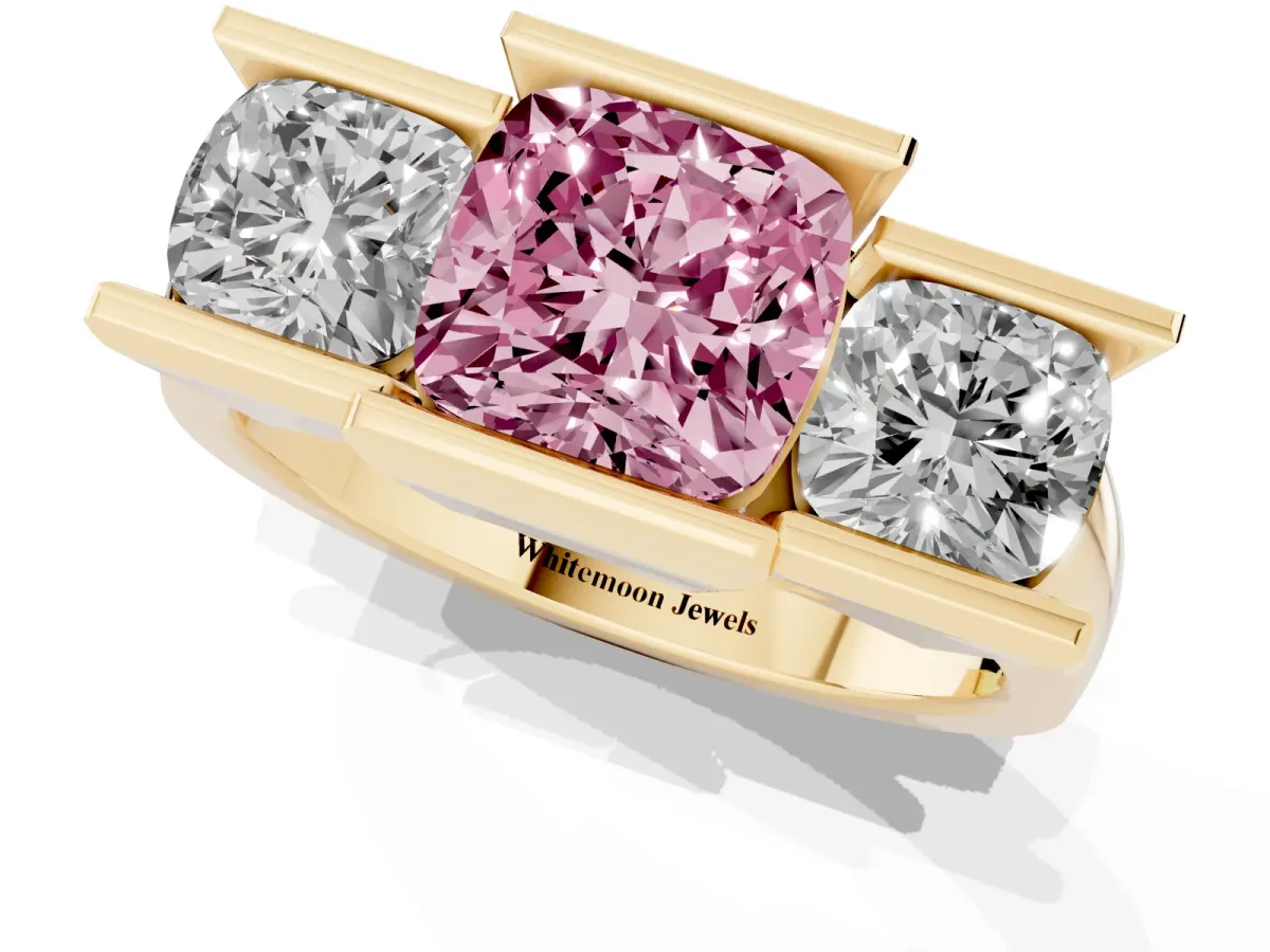 Fancy Pink Three Stone Cushion Cut Cut Channel Set Diamond Ring Yellow gold