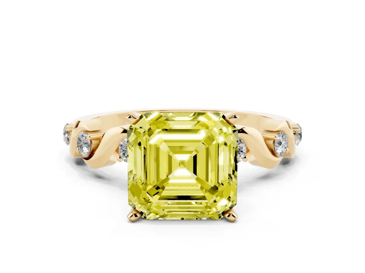 Fancy Yellow Asscher Cut Diamond Solitaire Twisted Band with Round Accents and Prong Setting Yellow gold