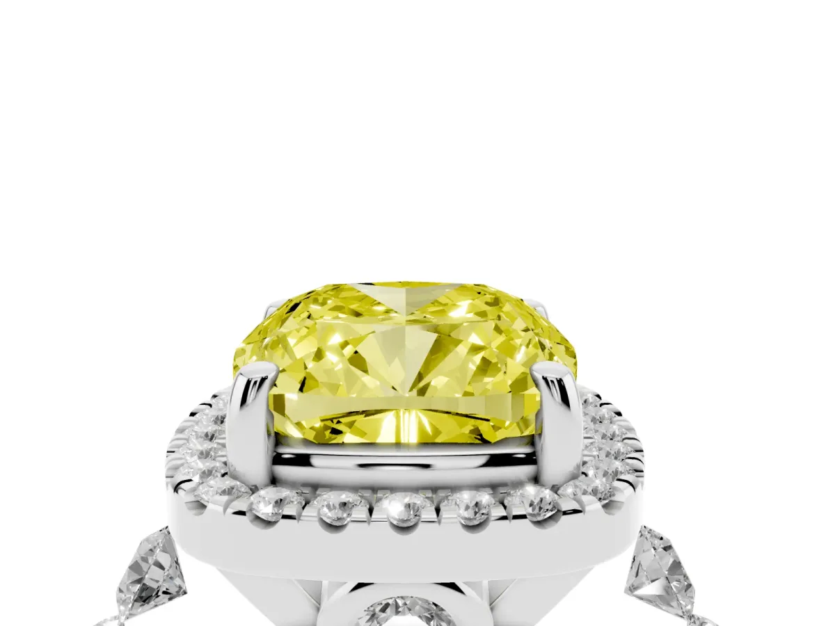 Fancy Yellow Cushion Cut Halo Pavé Diamond Engagement Ring with Four-Prong Setting White gold