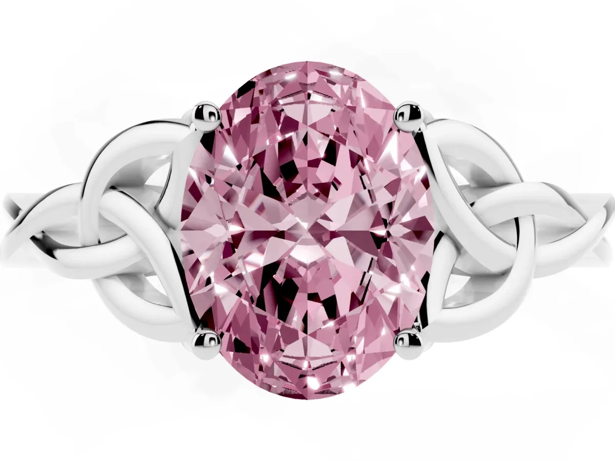 Fancy Pink Oval Cut Diamond Solitaire Engagement Ring with Celtic Knot Band and Four-Prong Setting White gold