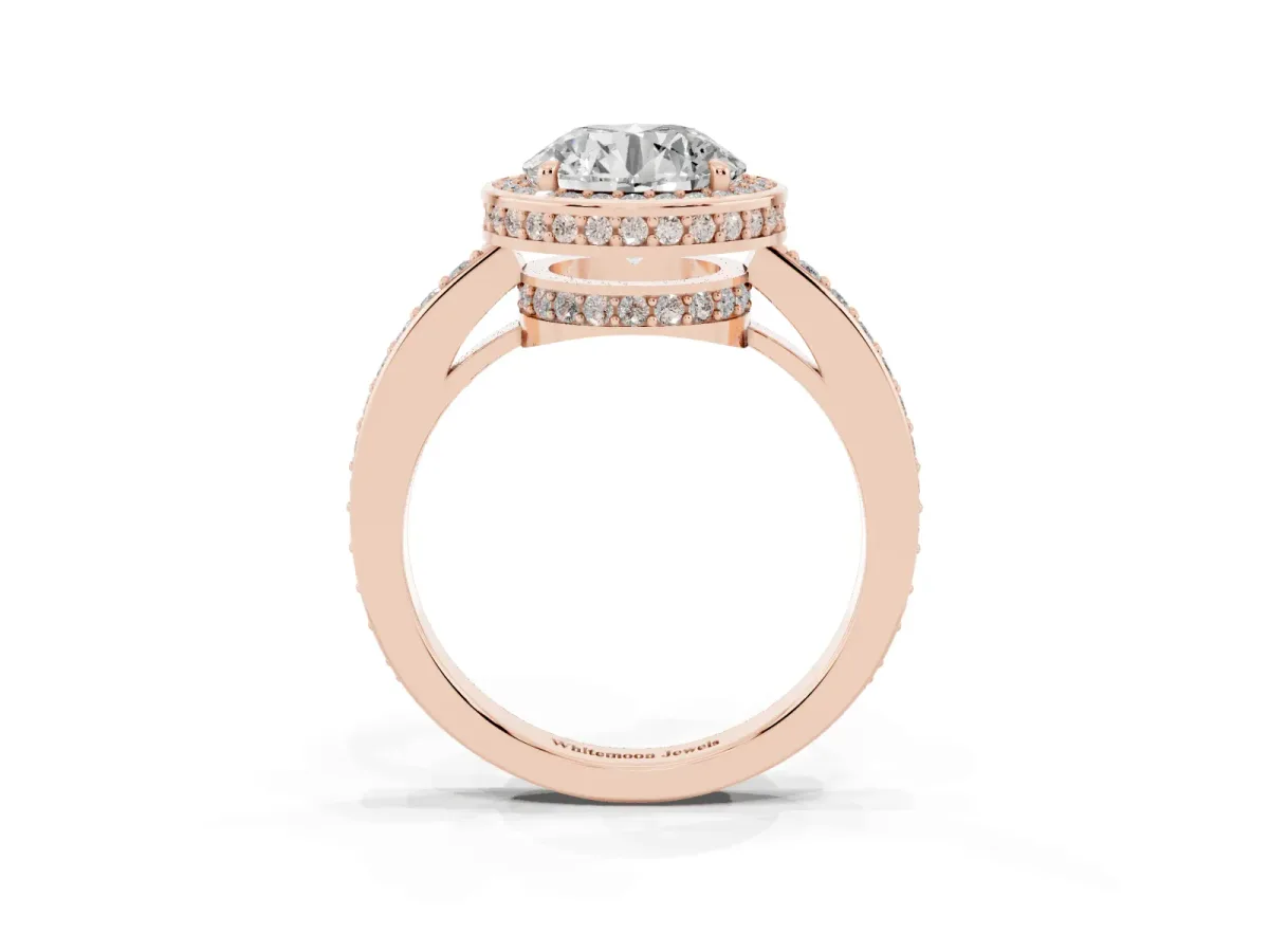 Round Cut Halo Pave Band Solitaire Ring with Prong Setting Rose gold