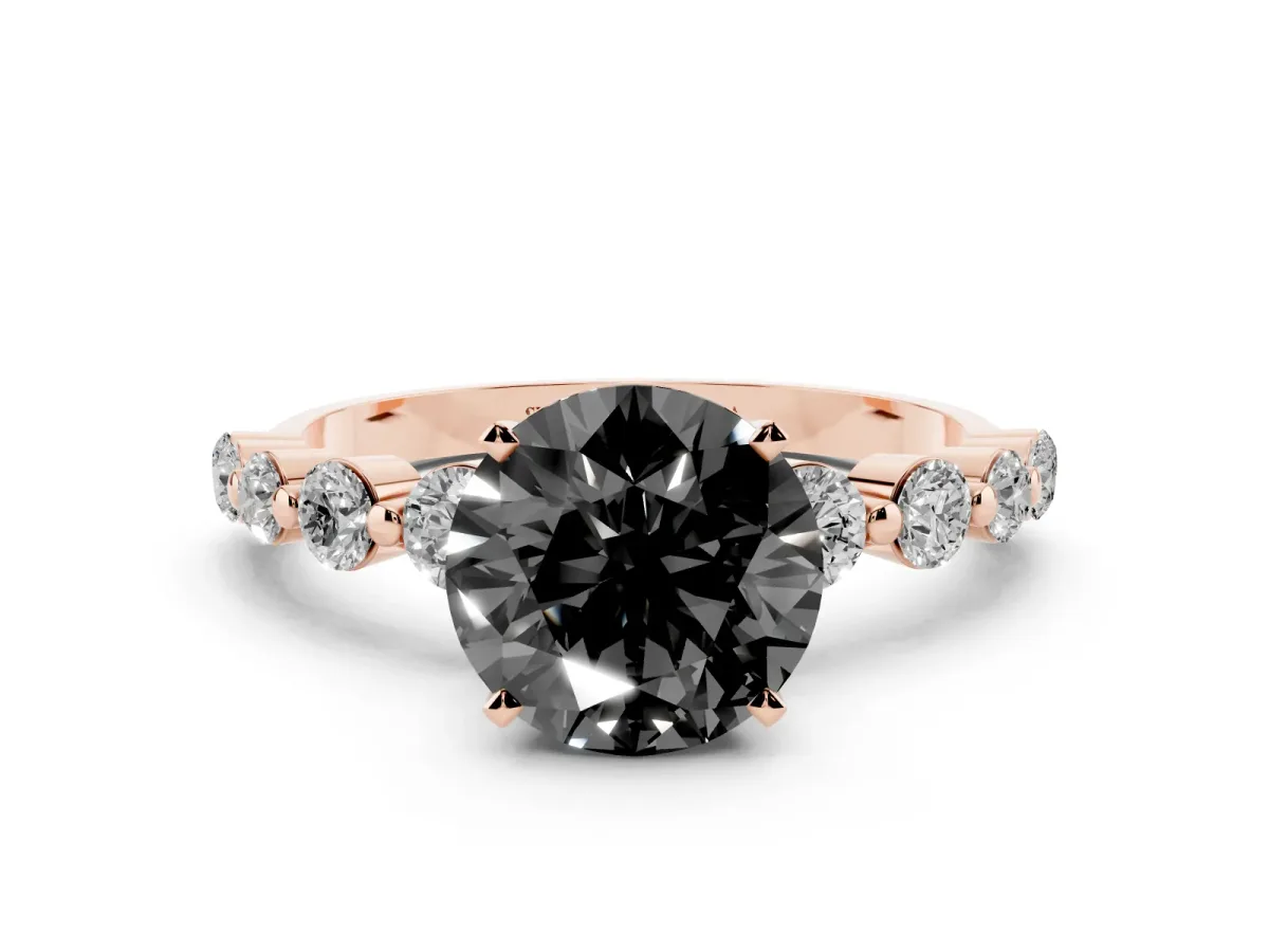 Fancy Black Round Cut Solitaire Diamond Ring with Pave Band and Four-Prong Setting Rose gold