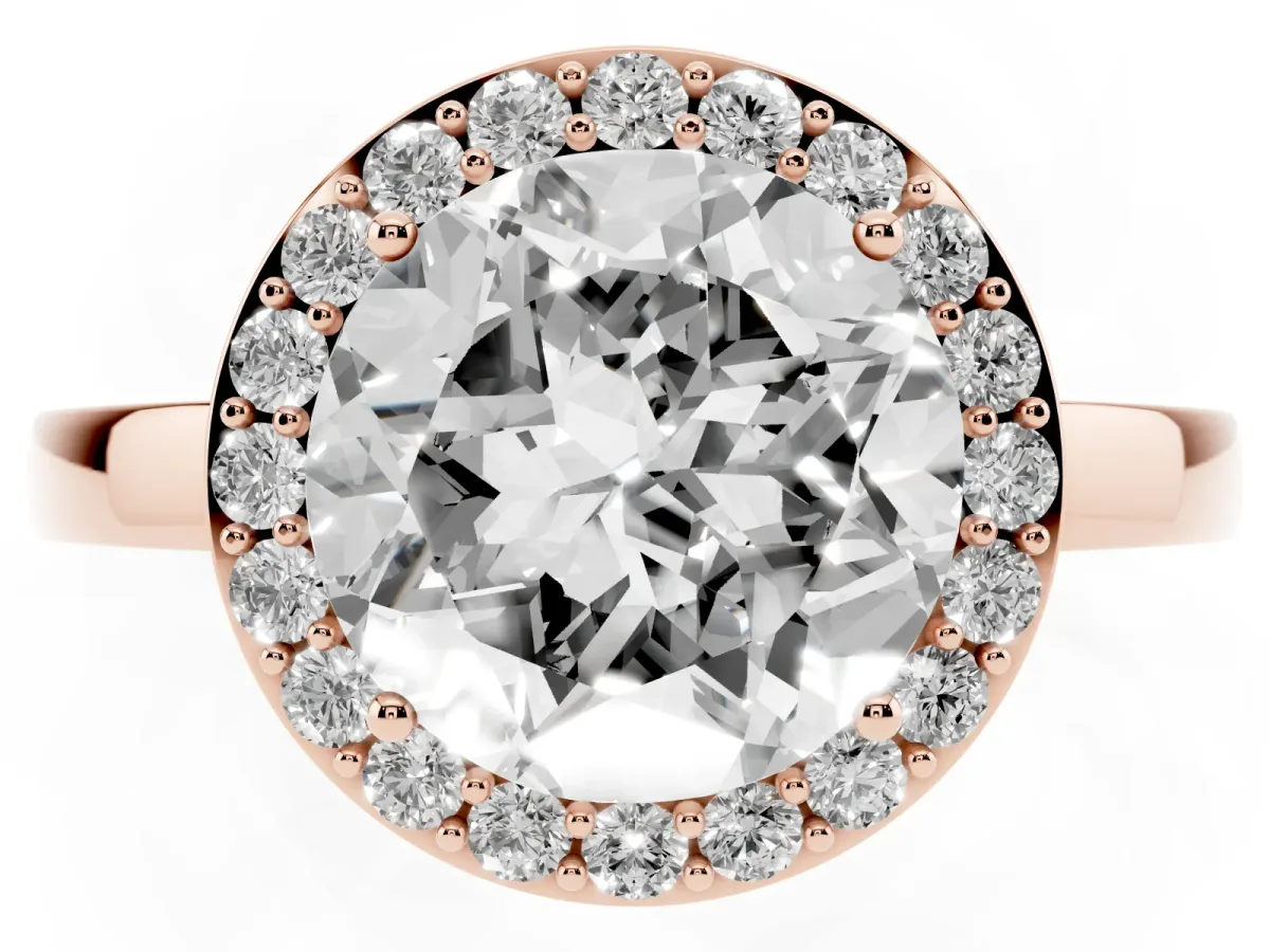 Round Cut Halo Diamond Ring with Solitaire Band and Prong Setting Rose gold