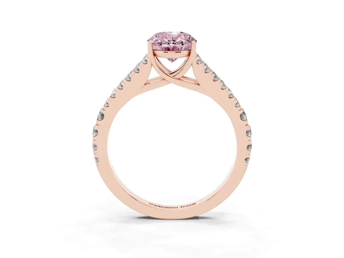 Fancy Pink Oval Cut Diamond Split Shank Pavé Engagement Ring with Four-Prong Setting Rose gold
