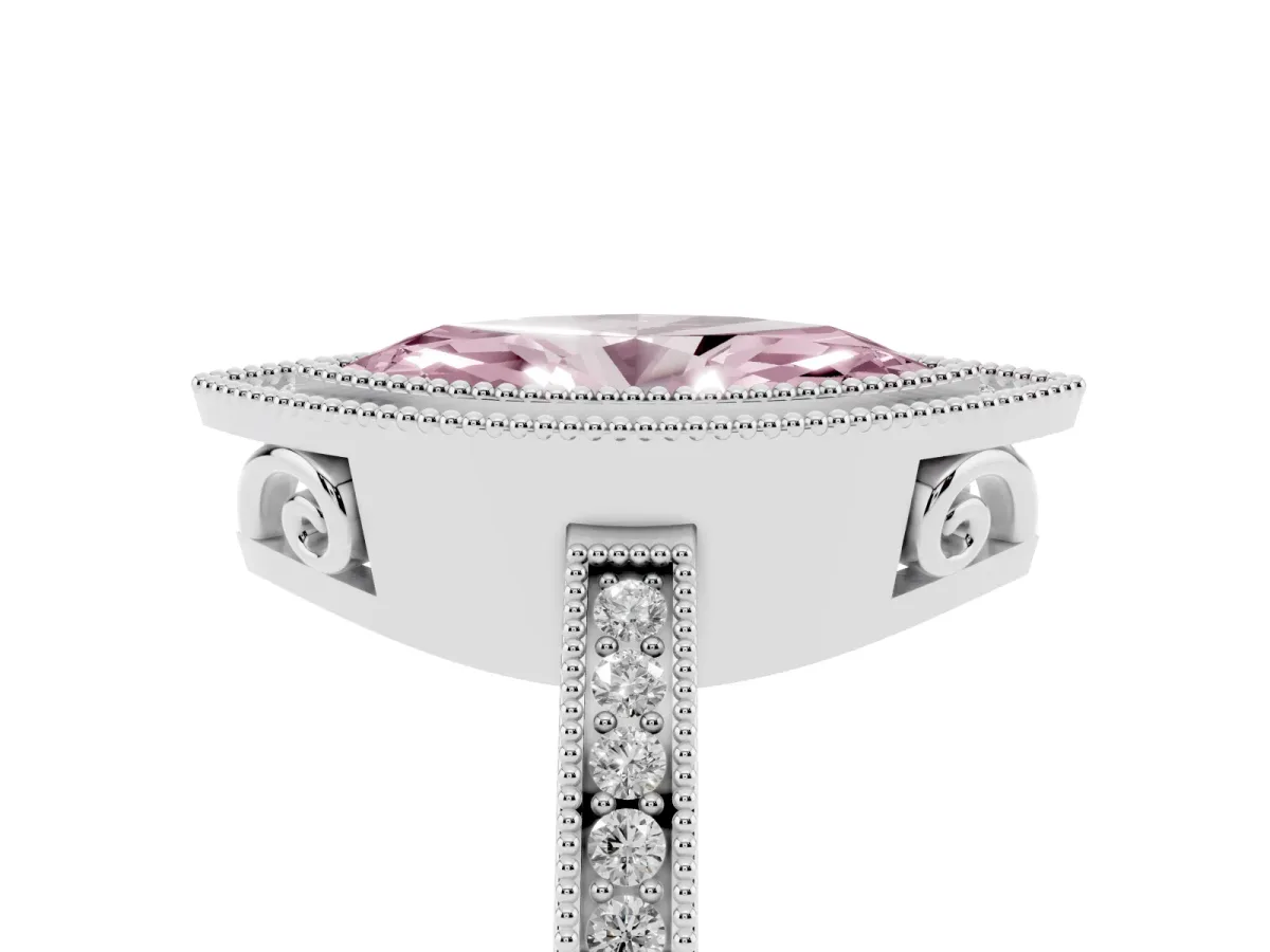 Fancy Pink Marquise Cut Cut Halo Diamond Ring with Pavé Band and Milgrain Prong Setting Silver
