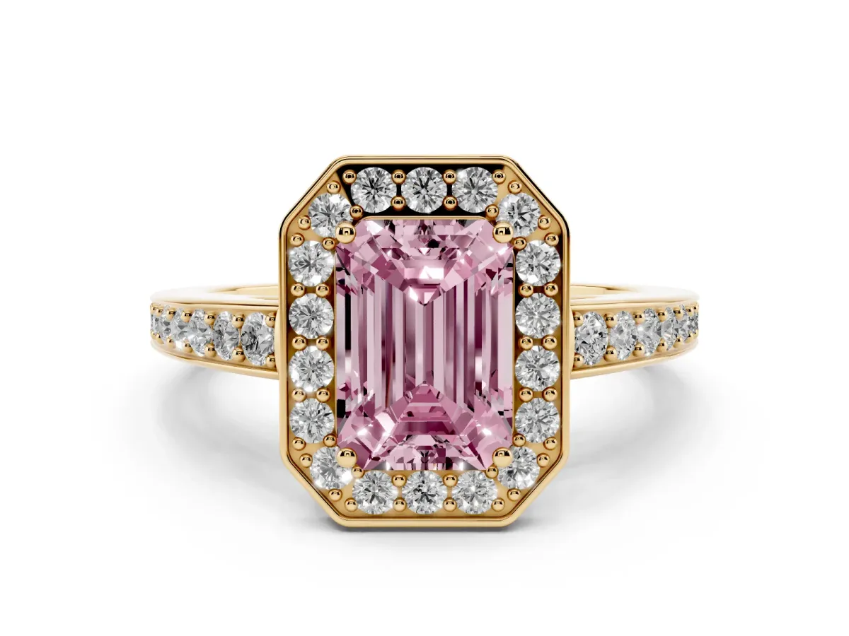 Fancy Pink Emerald Cut Halo Pavé Diamond Engagement Ring with Bezel Setting Yellow gold