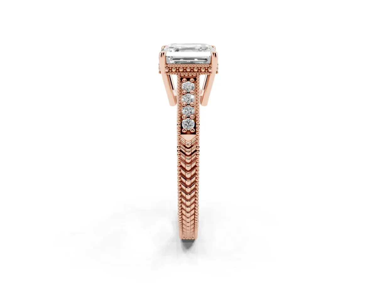 Asscher Cut Solitaire Pavé Diamond Milgrain Engagement Ring with Four-Prong Setting Rose gold