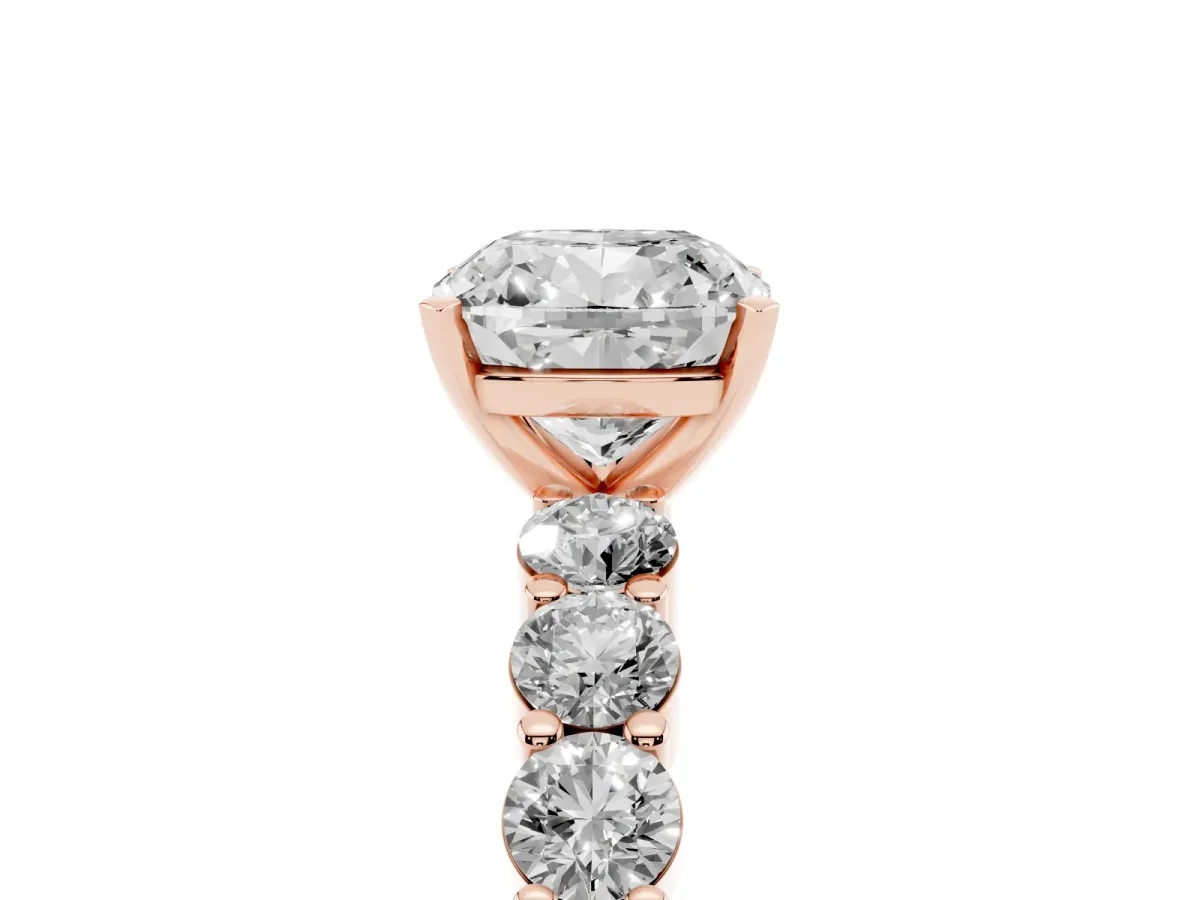 Cushion Cut Diamond Solitaire Ring with Shared Prong Round Side Stones Rose gold