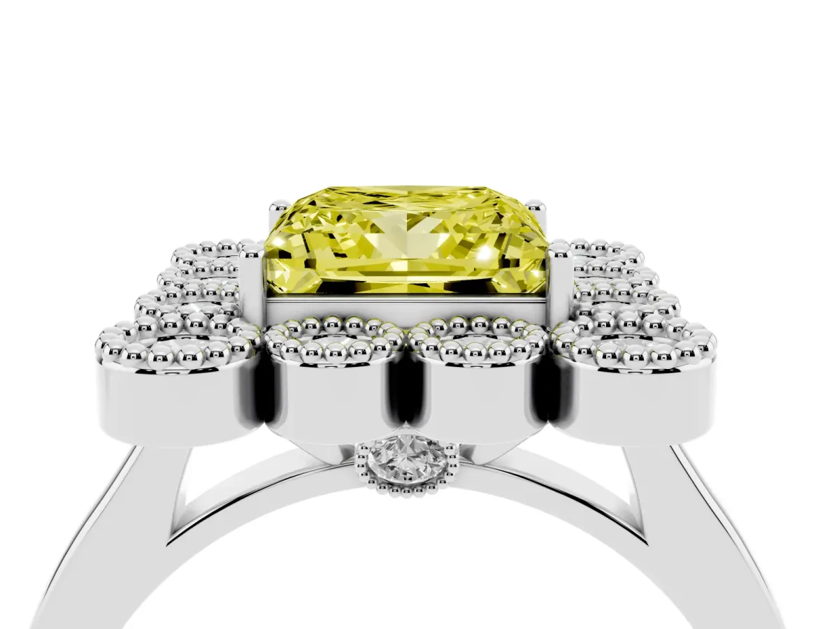 Fancy Yellow Princess Cut Halo Diamond Cluster Engagement Ring with Milgrain Bezel Setting and Solitaire Band Silver
