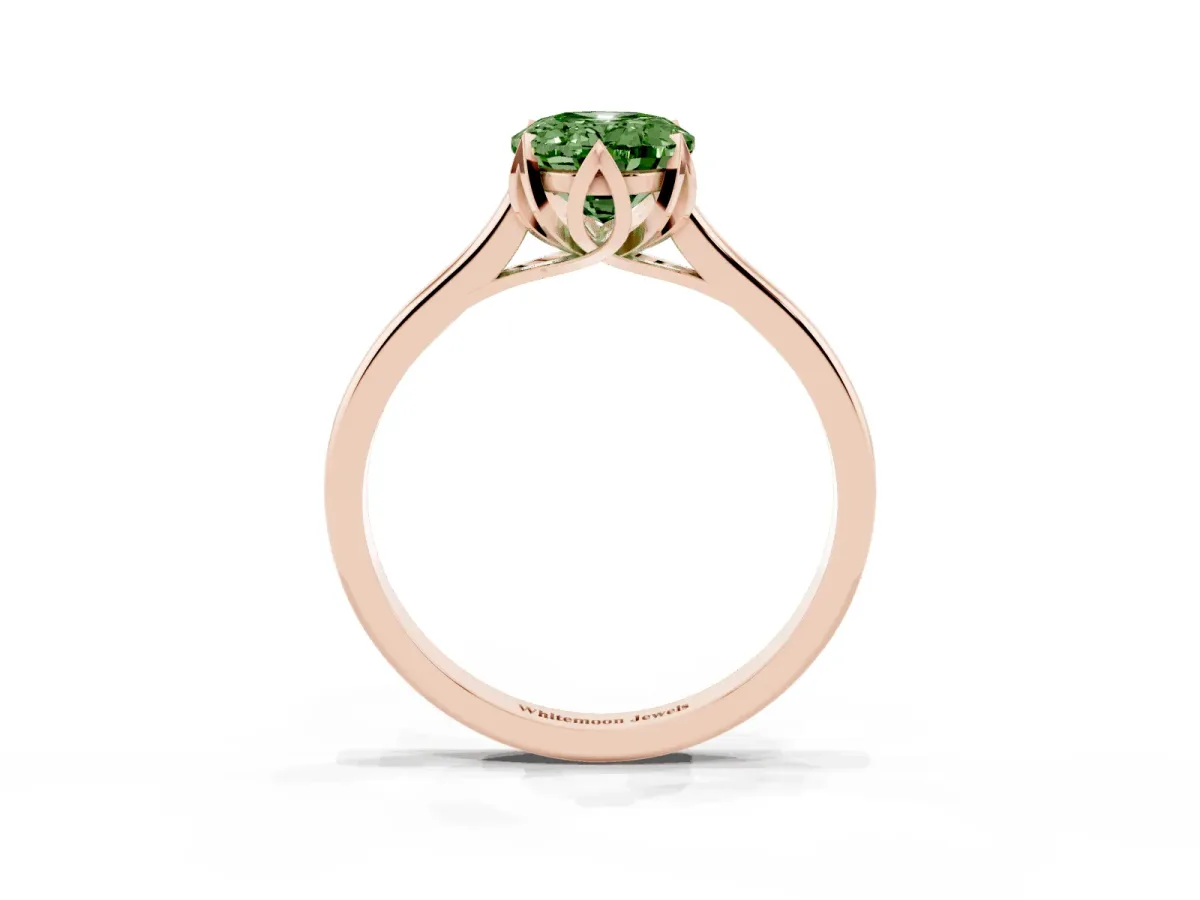 Fancy Green Oval Cut Diamond Solitaire Ring with Flower Prong Setting and Classic Band Rose gold